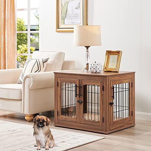 Wooden Dog Crate End Table with Double Doors and Pet Bed T245171