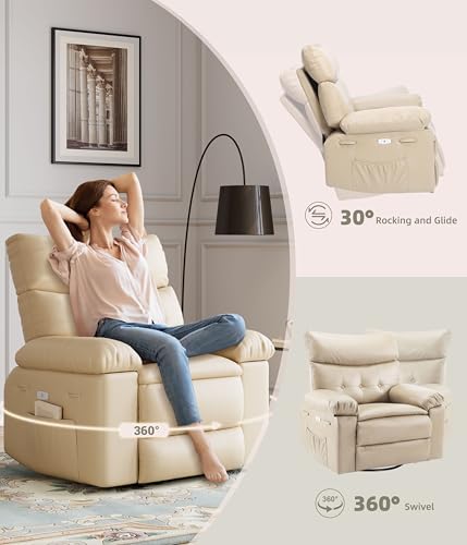 Electric Swivel Massage Chair, Power Rocking Recliner with Vibration and Heating, PU Leather Single Sofa with USB Port and Storage L680