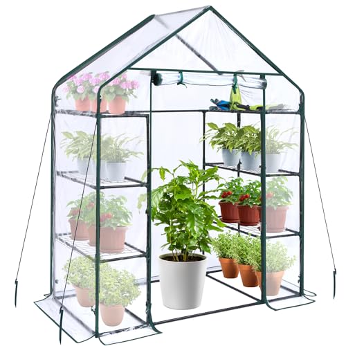Ohuhu Greenhouse for Outdoors with Mesh Side Windows, 3 Tiers 4 Shelves Small Walk-In Green House Plant Stands Plastic PE Cover Outside Portable Warm House for Seedling Flowers Growing, 4.8x2.5x6.4 FT