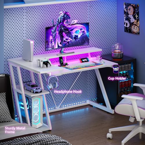 L Shaped Gaming Desk with Power Outlet and LED Lights T64283