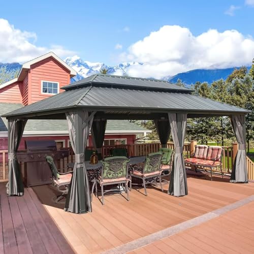 10 x 10 ft Hardtop Gazebo with Netting and Curtains, Galvanized Steel Roof for Patio and Garden X50618