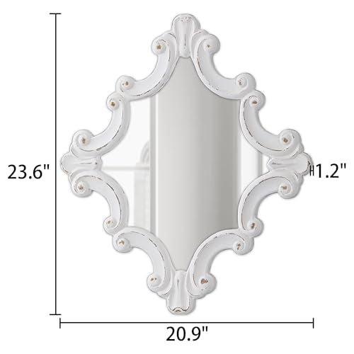 Distressed White Carved Wood Wall Mirror, 21x24 Inch, Farmhouse Style Y98281