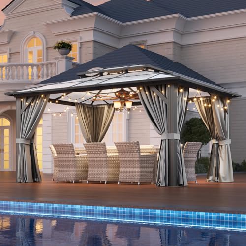 12x16 Hardtop Gazebo with Netting and Curtains, Aluminum Frame, Polycarbonate Roof N71921