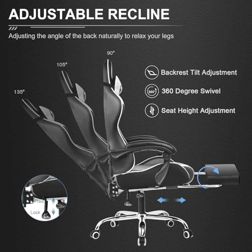 Gaming Chair with Footrest and Lumbar Support, Height Adjustable, 360° Swivel, Blue U7447