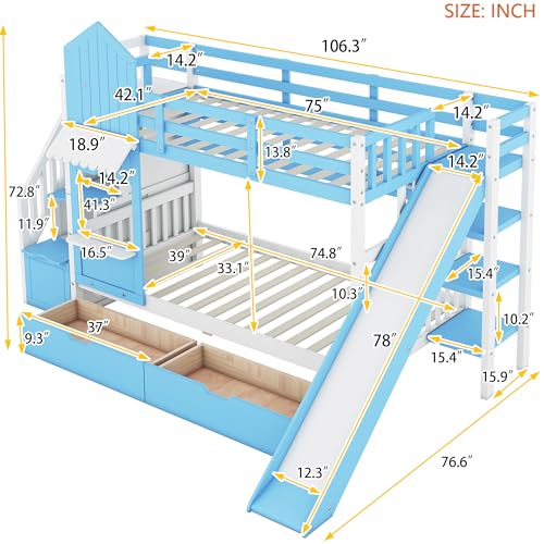 Kids Bunk Bed with Stairs and Slide, Twin Over Twin, Gray E77813