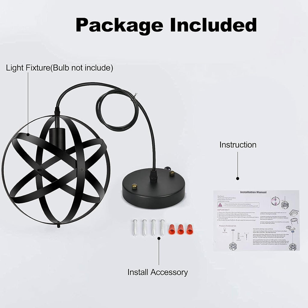 Black Pendant Light, Vintage Spherical Metal Globe Hanging Lamp for Kitchen Island V831
