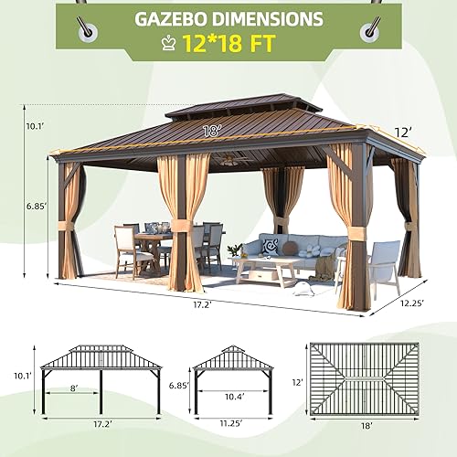 12x16 ft Hardtop Gazebo with Galvanized Steel Roof, Curtains and Netting V821