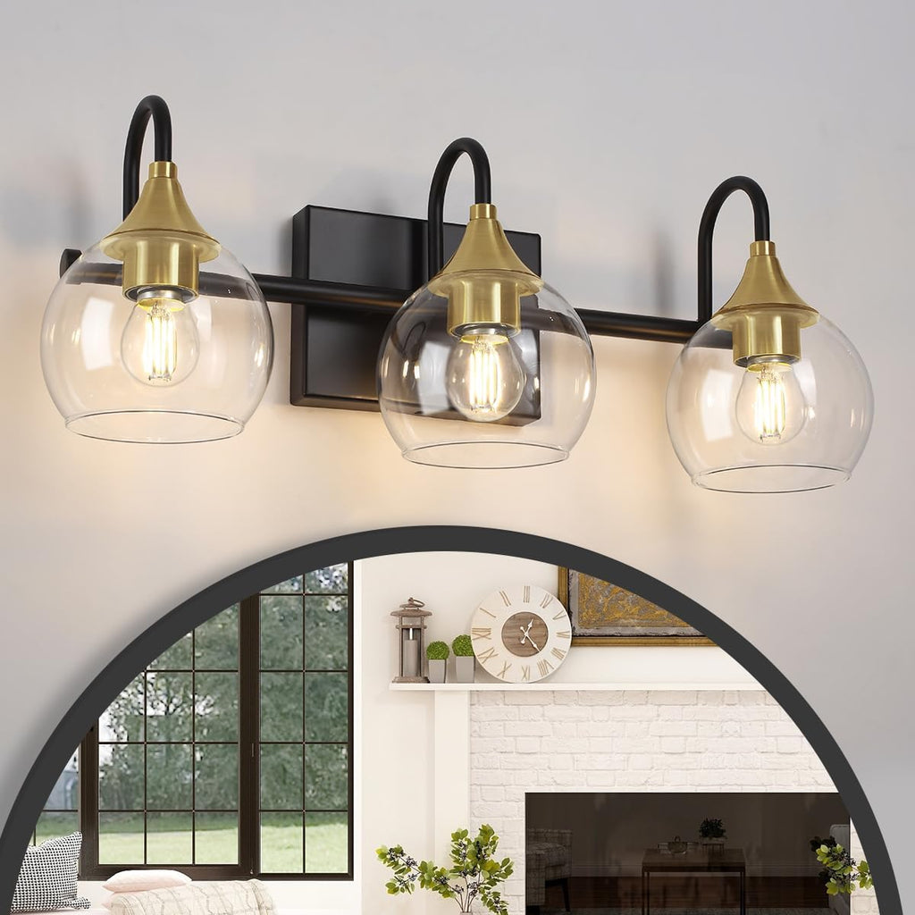 Black Gold Bathroom Light Fixtures, 3 Light Bathroom Vanity Lights Over Mirror, Mid Century Modern Vanity Light Brushed Gold Globe Bathoom Lighting Wall Sconces (Exclude Bulb)