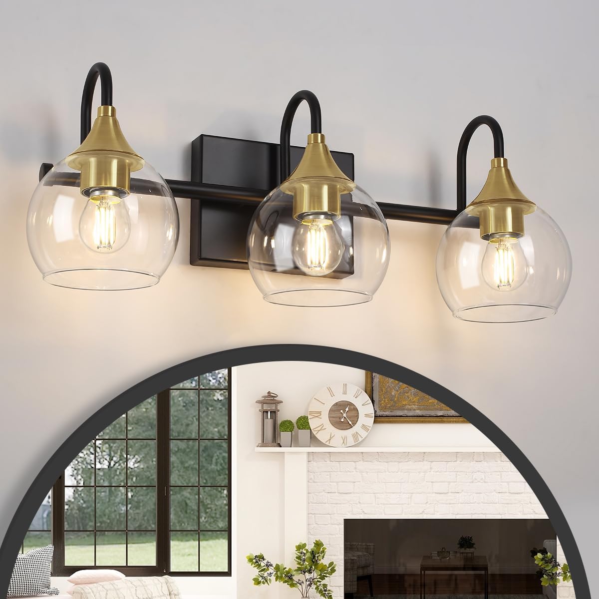 Black Gold Bathroom Light Fixtures, 3 Light Bathroom Vanity Lights Over Mirror, Mid Century Modern Vanity Light Brushed Gold Globe Bathoom Lighting Wall Sconces (Exclude Bulb)