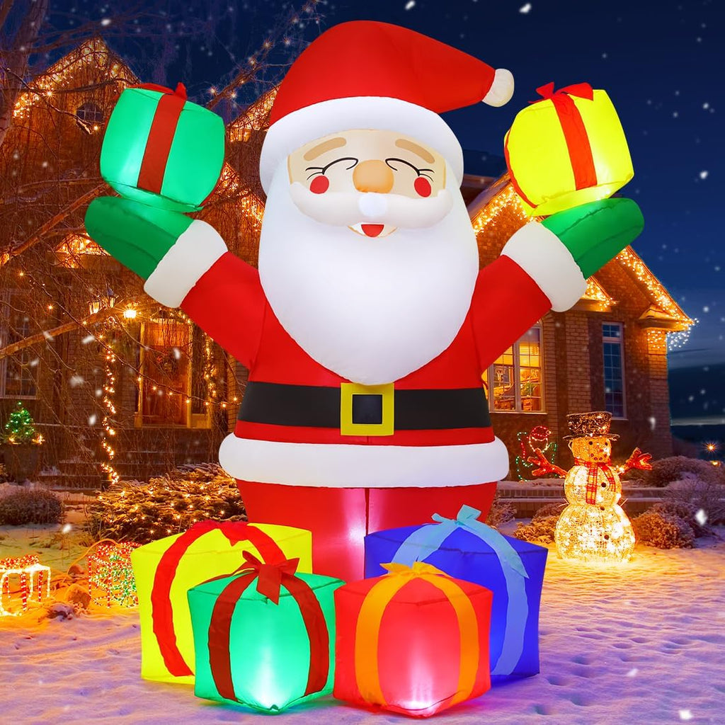 GOOSH 6 FT Christmas Santa Inflatables Outdoor Decorations Smiling Santa Claus with Present Boxes Blow Up Yard with Built-in LEDs for outdoor Christmas Party Yard Garden Lawn Decoration