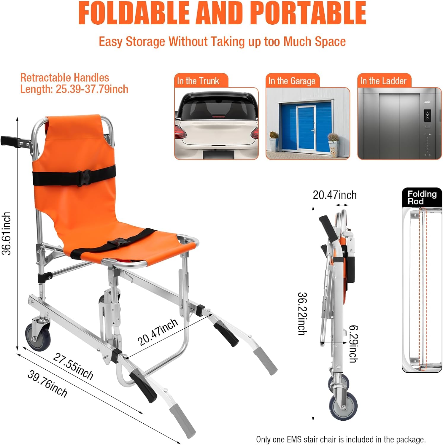 Stair Chair 2-Wheel Orange Foldable Transport Wheelchair, 350 lbs Capacity R661
