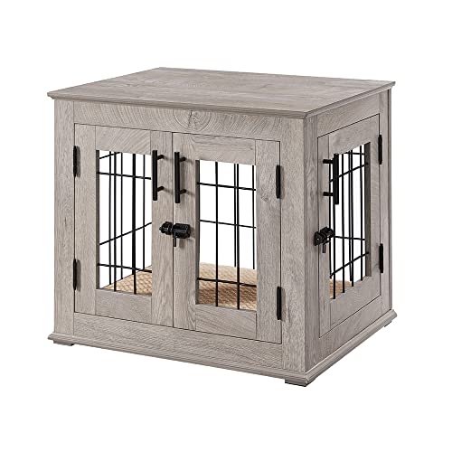 Wooden Dog Crate End Table with Double Doors and Pet Bed T245171