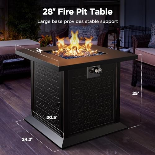 28" Fire Pit Table, Propane with Cup Holders & Hanging Shelf, 50,000 BTU, Glass Stones & Dust Cover T91414