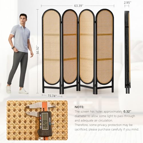 Foldable Wooden Room Divider with Hand-Woven Rattan Panels X6131