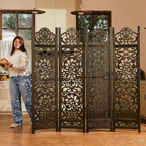 Wood Carved Room Divider 4 Panel Folding Screen Z937290