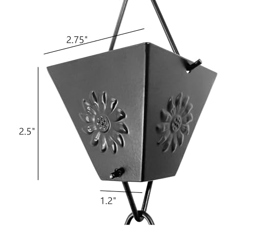 Rain Chain for Gutters, 8.5ft Metal, Black Powder Coated with Sunflower Cups O585104