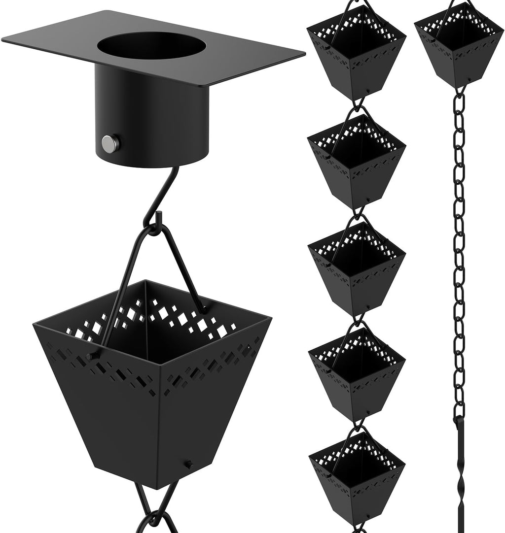 Rain Chain Kit w/ Adapter & Extension | Black Powder Coated Rain Chains for Gutters 10 ft | Rain Chain | Rain Chains | Gutter Chain Downspout | Rain Chains for Outside | Rain Catcher | Rain Chimes