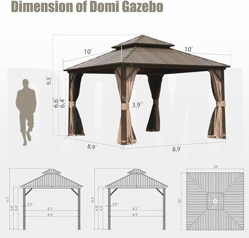 10 x 10 ft Hardtop Gazebo with Netting and Curtains, Galvanized Steel Roof for Patio and Garden X50618
