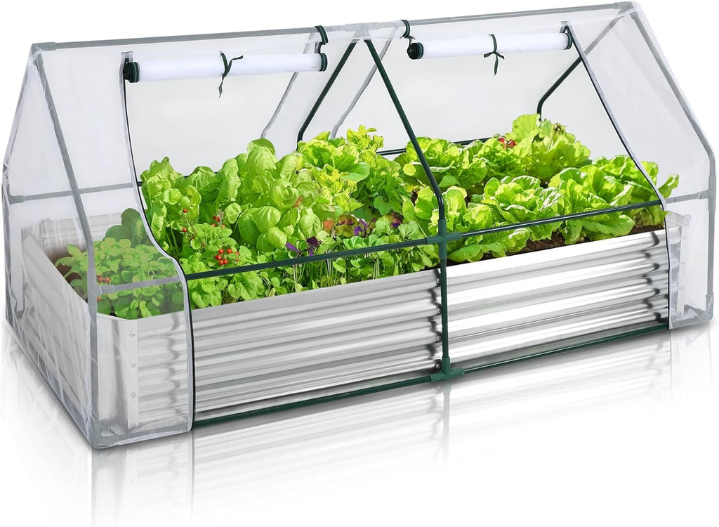 6x3x3FT Galvanized Raised Garden Bed with Cover Greenhouse Combination, Mesh Cover Greenhouse with 2 Zippered Roll-up Doors, Easy Watering & Venting, Garden Box for Fruit, Vegetable, Flower Planting
