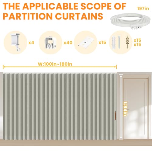 Accordion Room Divider Curtains with Ceiling Track, Grey, W100 x L84 J296