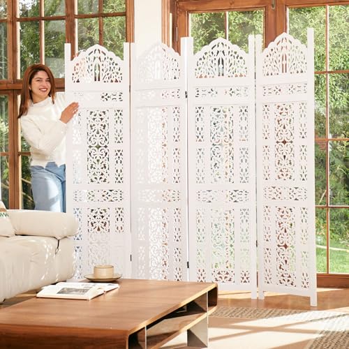 Wood Carved Room Divider 4 Panel Folding Screen Z937290