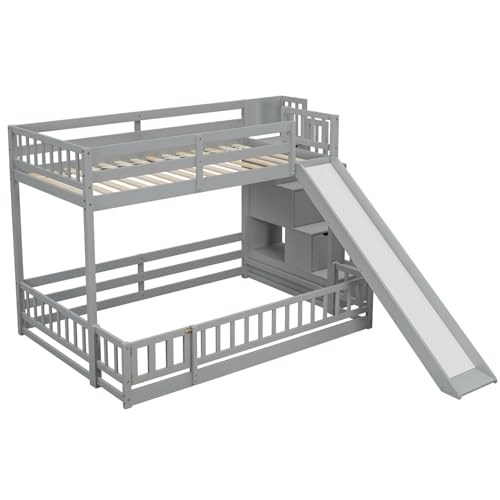 Twin Over Full Bunk Bed with Slide and Storage Stairs C57577