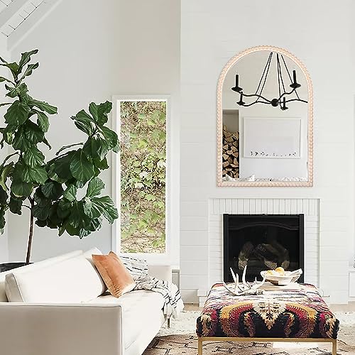 24"x36" Arch Wall Mirror with White Wooden Beads, Rustic Distressed S935