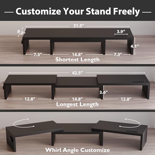 Dual Monitor Stand Riser with Smartphone Holder, Adjustable Wooden Desktop Organizer P70793