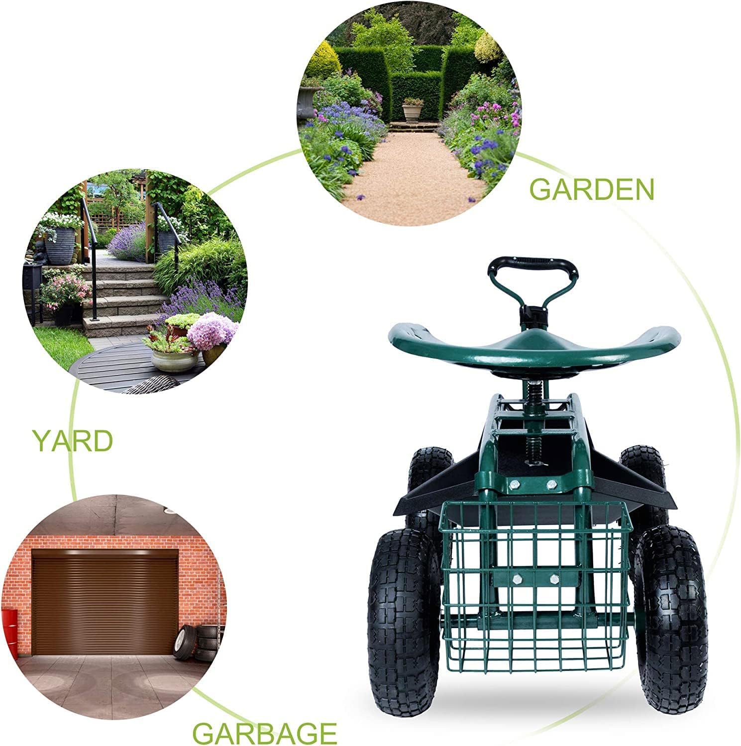 Garden Stool Cart with Tool Tray and Storage Basket on Wheels S436464