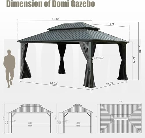 10 x 10 ft Hardtop Gazebo with Netting and Curtains, Galvanized Steel Roof for Patio and Garden X50618