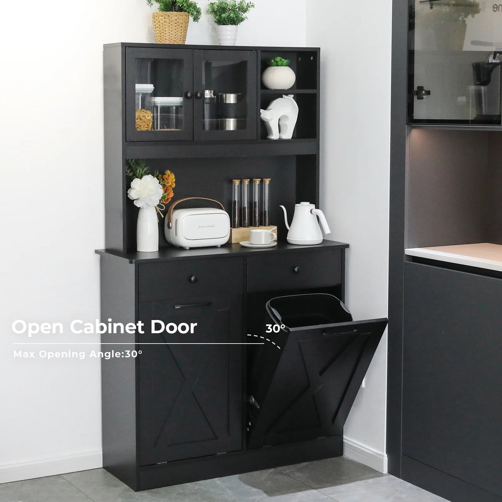Kitchen Pantry Storage Cabinet, Double Tilt Out Trash Cabinet with Drawers and Shelves T2143