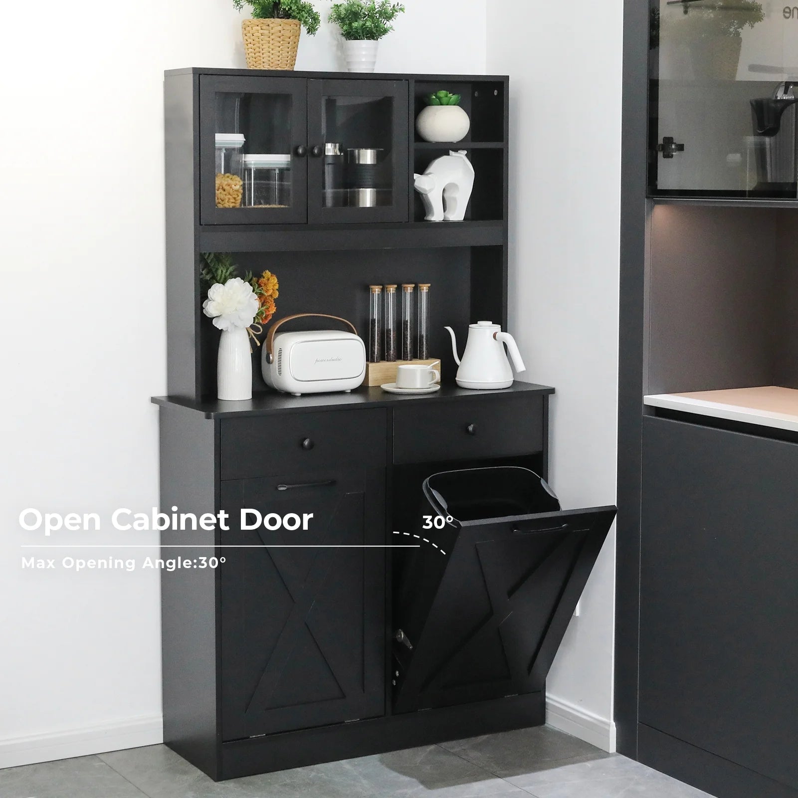 Kitchen Pantry Storage Cabinet, Double Tilt Out Trash Cabinet with Drawers and Shelves T2143