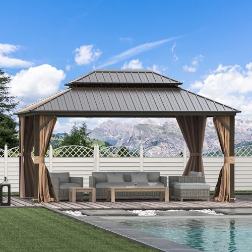 10 x 10 ft Hardtop Gazebo with Netting and Curtains, Galvanized Steel Roof for Patio and Garden X50618