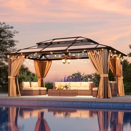 12x16 Hardtop Gazebo with Netting and Curtains, Aluminum Frame, Polycarbonate Roof N71921