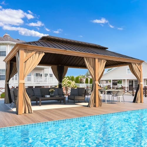 12x16 ft Hardtop Gazebo with Galvanized Steel Roof, Curtains and Netting V821