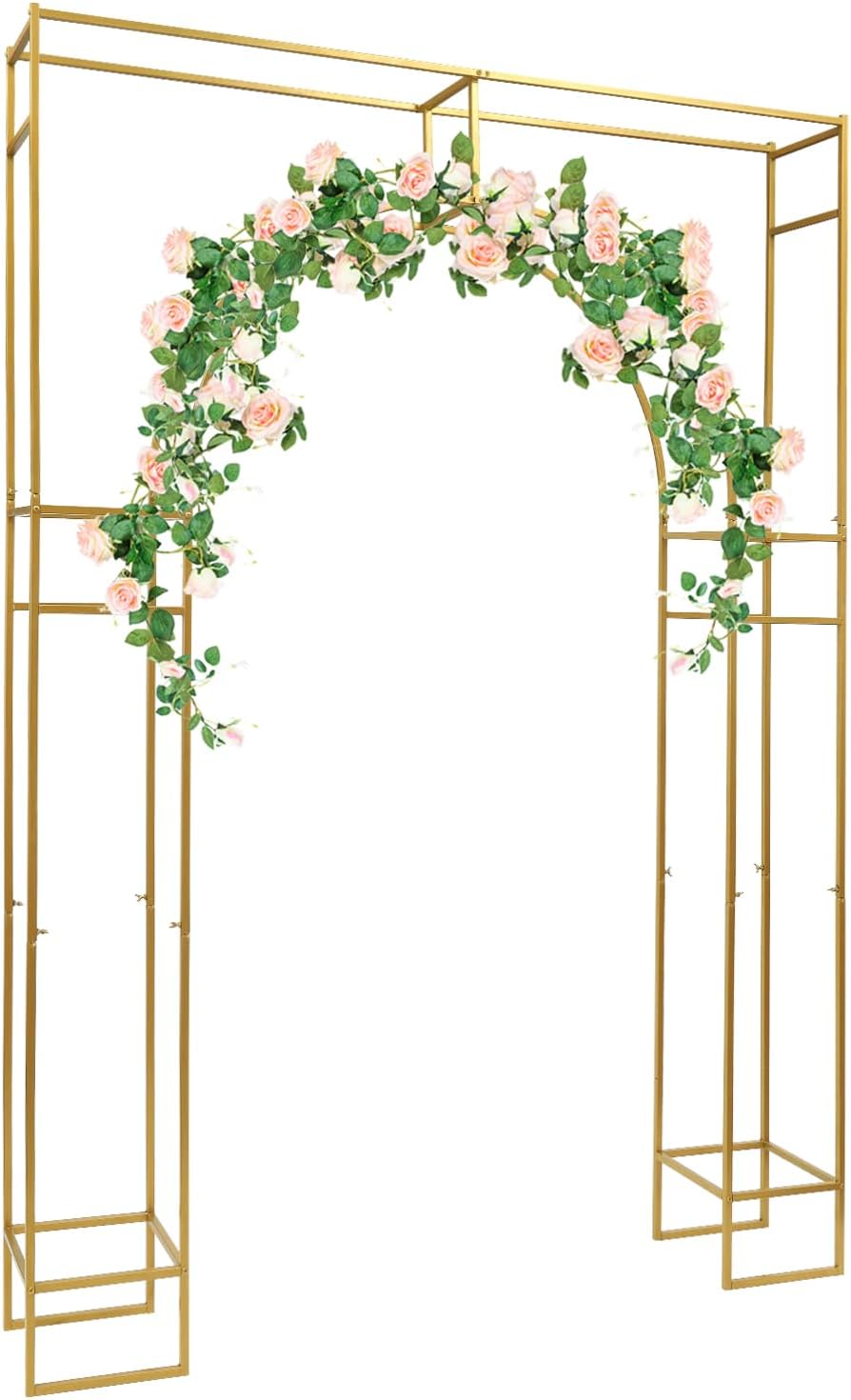 Wedding Arch Backdrop Stand,7.87x5.91 FT,Gold Metal Arch Inner and Square Outer Design for Ceremony Metal Balloon Arch Stand Garden Arbor Frame for Party Photo Booth Background Decoration