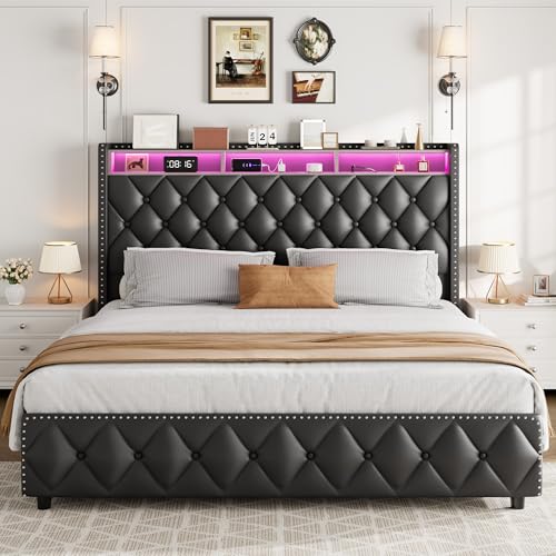 Queen Bed Frame with Tall Headboard, Velvet Upholstered, 4 Storage Drawers U913671