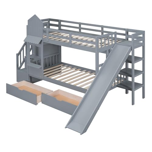 Kids Bunk Bed with Stairs and Slide, Twin Over Twin, Gray E77813
