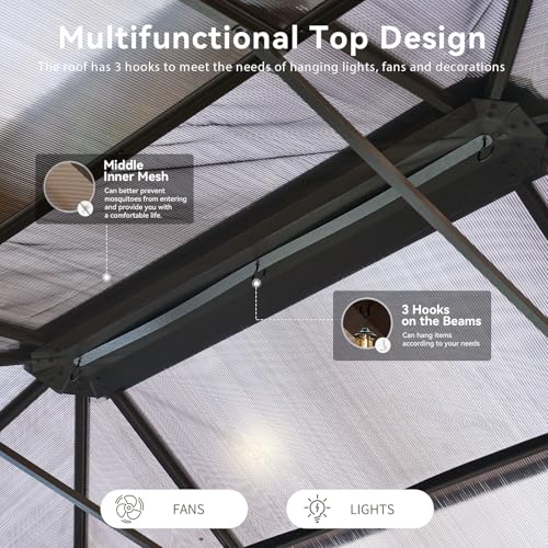 12x16 Hardtop Gazebo with Netting and Curtains, Aluminum Frame, Polycarbonate Roof N71921