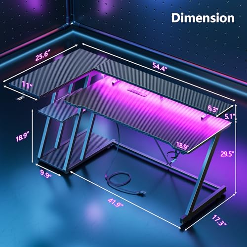 L Shaped Gaming Desk with Power Outlet and LED Lights T64283