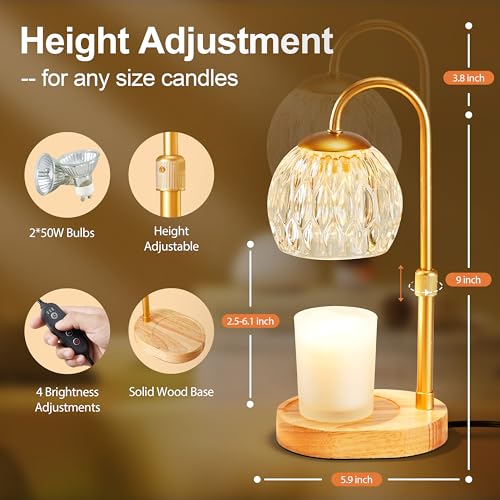 Candle Warmer Lamp with Timer and Dimmer, Adjustable Height, Gold J4263
