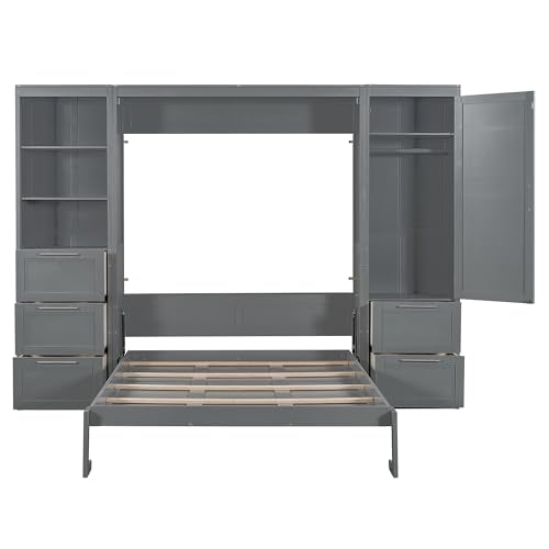 Murphy Bed Queen Size with Built-in Shelves, Storage Drawers and Wardrobe, Grey R789846