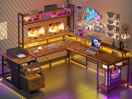 L Shaped Gaming Desk with Storage Shelves and LED Light U926701