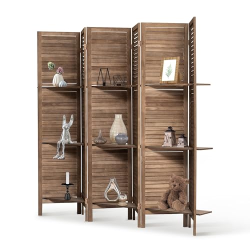 6 Panel Wooden Room Divider with Shelves B102027