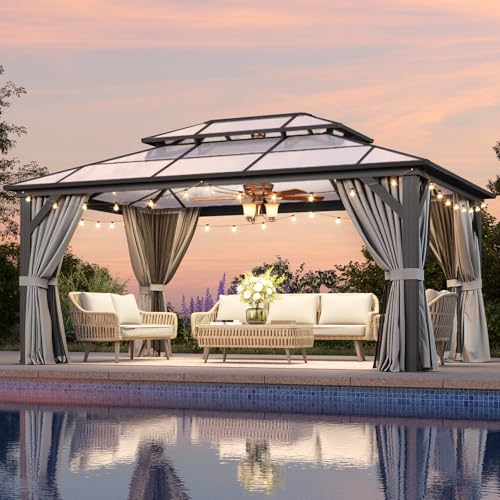 12x16 Hardtop Gazebo with Netting and Curtains, Aluminum Frame, Polycarbonate Roof N71921