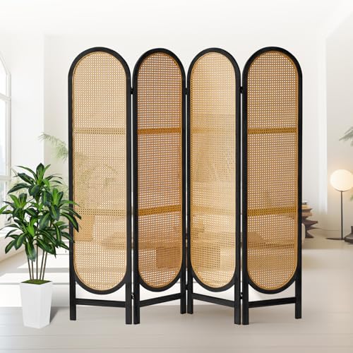 Foldable Wooden Room Divider with Hand-Woven Rattan Panels X6131