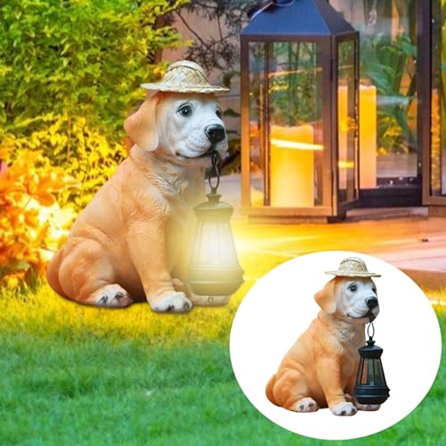 Dog Statue Outdoor Garden Decor with Straw Hat and Solar Lantern W89007