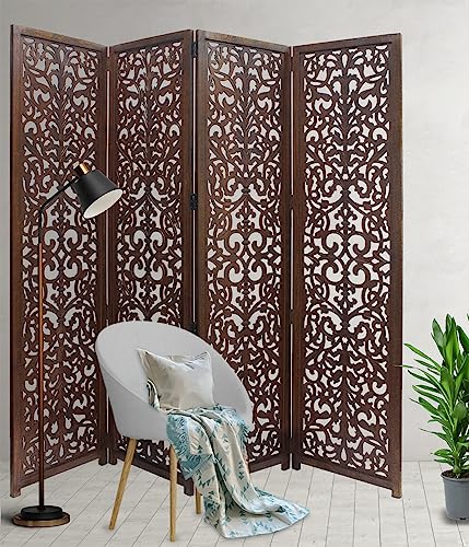 4 Panel Folding Wood Room Divider, Antique Brown, 72 x 80 L396608