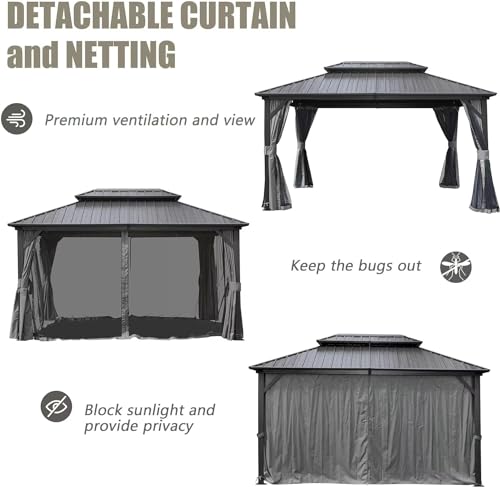 10 x 10 ft Hardtop Gazebo with Netting and Curtains, Galvanized Steel Roof for Patio and Garden X50618