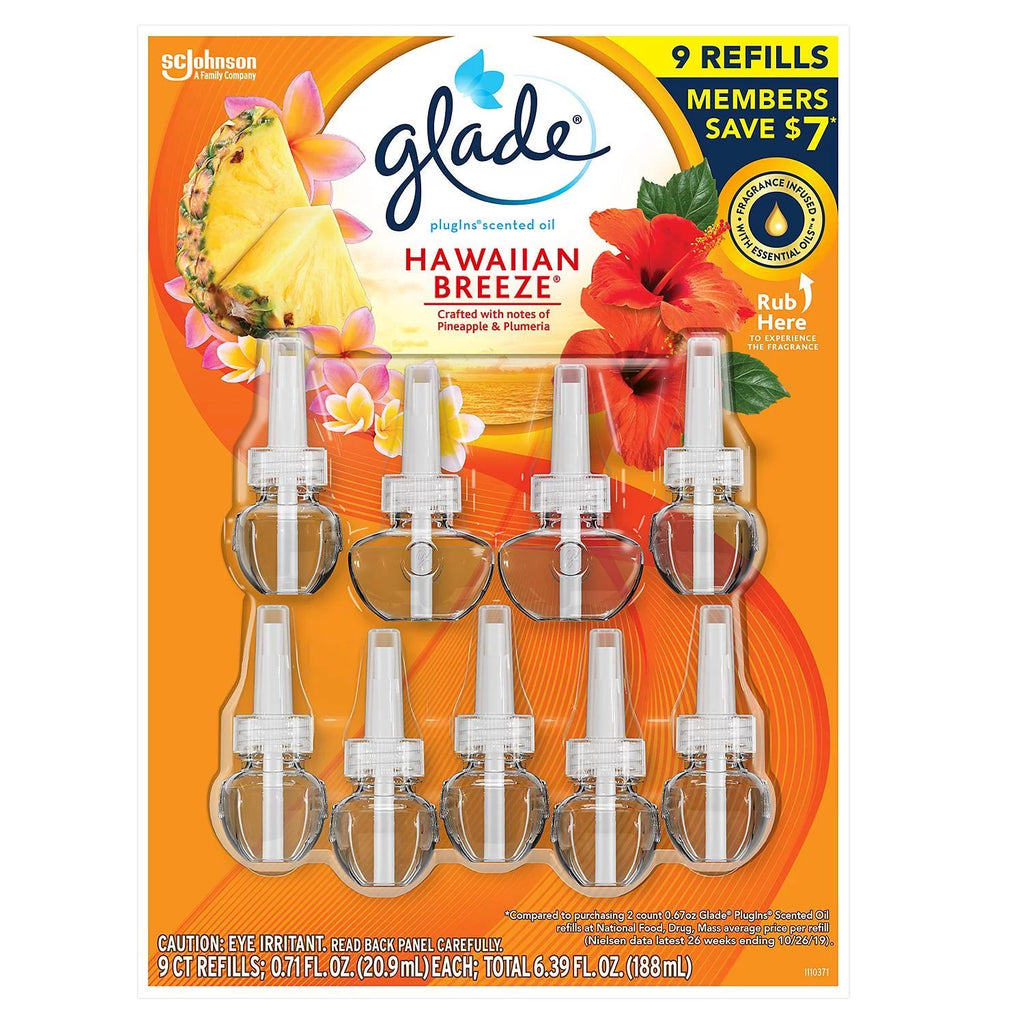 Glade PlugIns Hawaiian Breeze Scented Oil Refill, Essential Oil Infused Wall Plug In (6.39 fl. oz., 9 ct.)